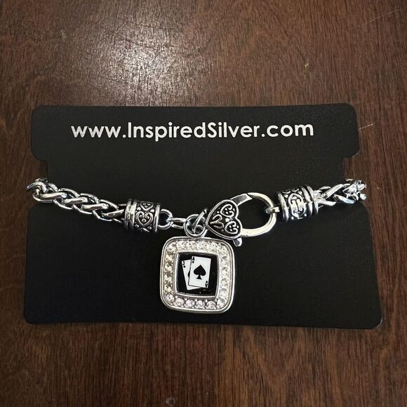 Silver Plated Blackjack Square Charm Braided Bracelet Cubic Zirconia 7.5 in‎ - Picture 10 of 13